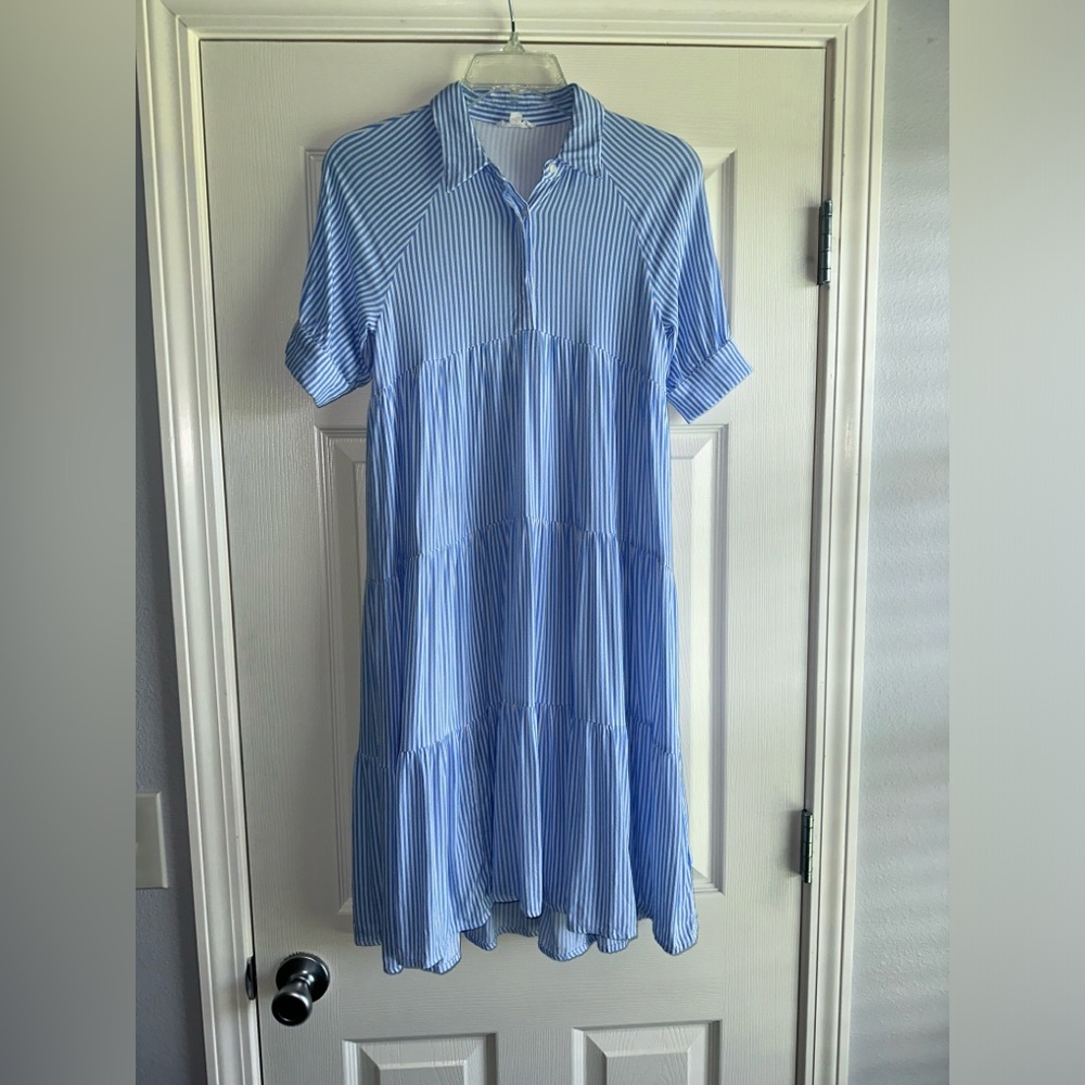 Girls' Blue Striped Casual Tiered Shirt Dress